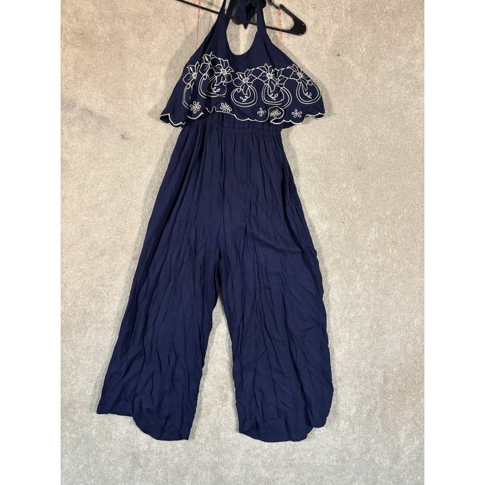 flying tomato halter jumpsuit navy embroided‎ wide leg small